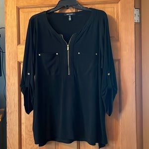 Silky, black, three-quarter sleeve blouse with gold, zipper and accents